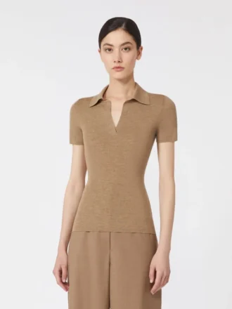 Polo en laine à côtes, beige doré et marron