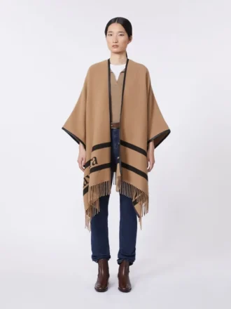 Poncho en laine jacquard, couleur camel