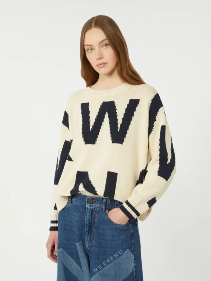 Pull à col rond en coton imprimé, bleu marine Pull à col rond en coton imprimé, bleu marine