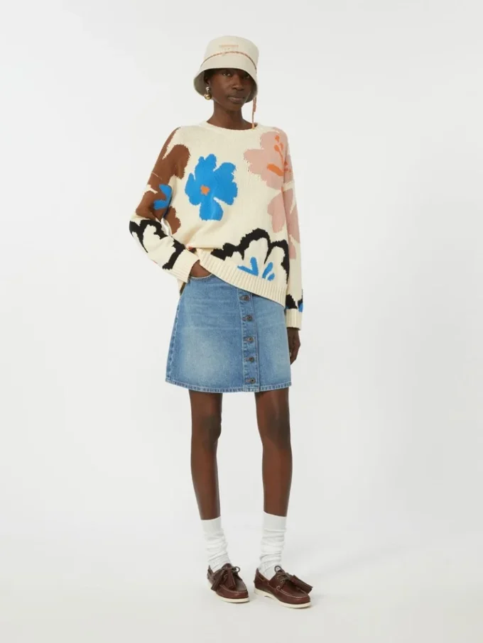Pull à col rond en coton imprimé, multicolore Pull à col rond en coton imprimé, multicolore