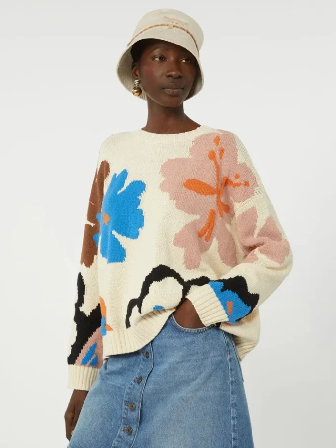 Pull à col rond en coton imprimé, multicolore Pull à col rond en coton imprimé, multicolore