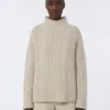 Pull à col roulé en laine et cachemire à mailles torsadées, blanc Pull à col roulé en laine et cachemire à mailles torsadées, blanc