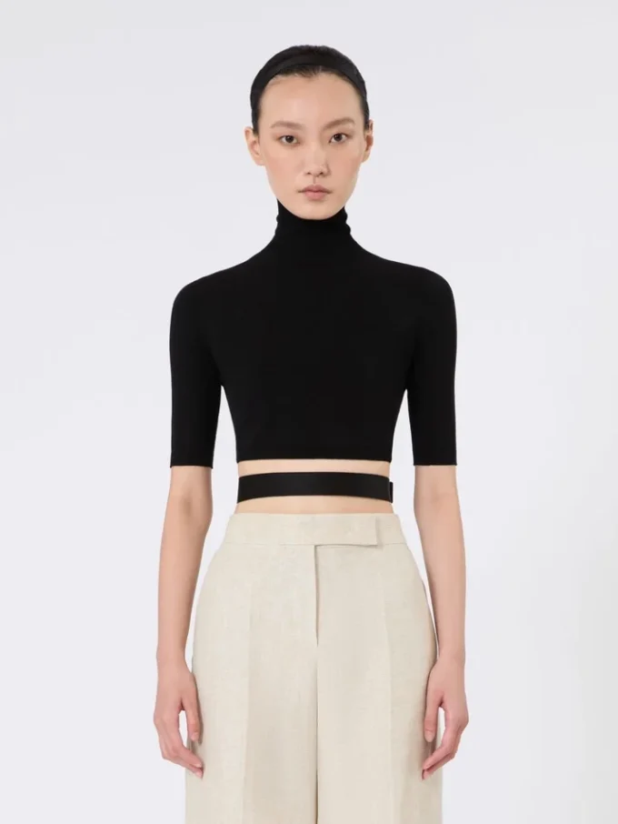 Pull court à col roulé en viscose stretch, noir Pull court à col roulé en viscose stretch, noir