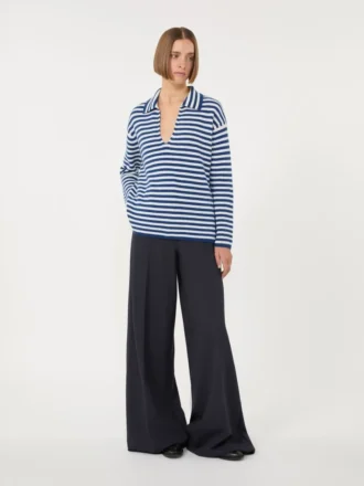 Pull en cachemire côtelé, blanc et bleu