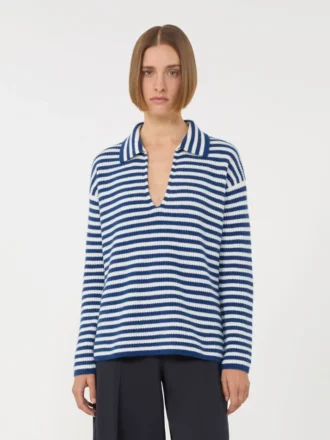 Pull en cachemire côtelé, blanc et bleu