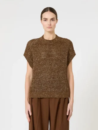 Pull en coton à mailles ajourées orné de paillettes, couleur noisette