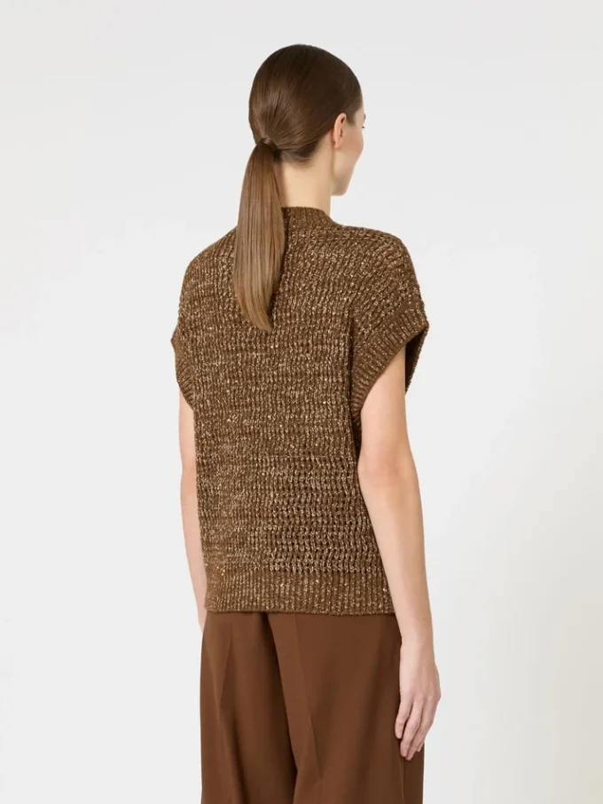 Pull en coton à mailles ajourées orné de paillettes, couleur noisette Pull en coton à mailles ajourées orné de paillettes, couleur noisette