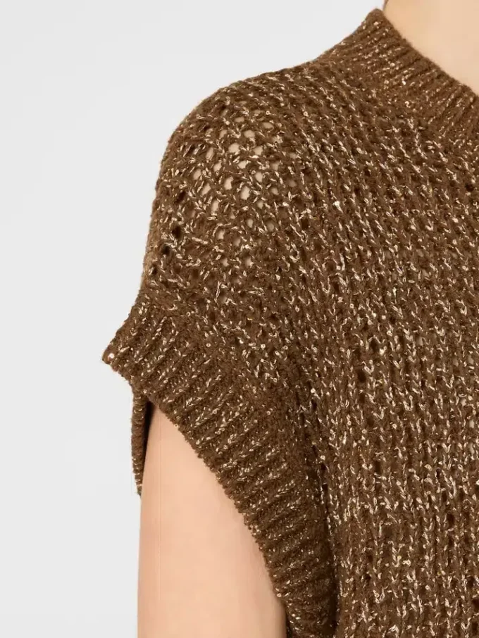 Pull en coton à mailles ajourées orné de paillettes, couleur noisette Pull en coton à mailles ajourées orné de paillettes, couleur noisette