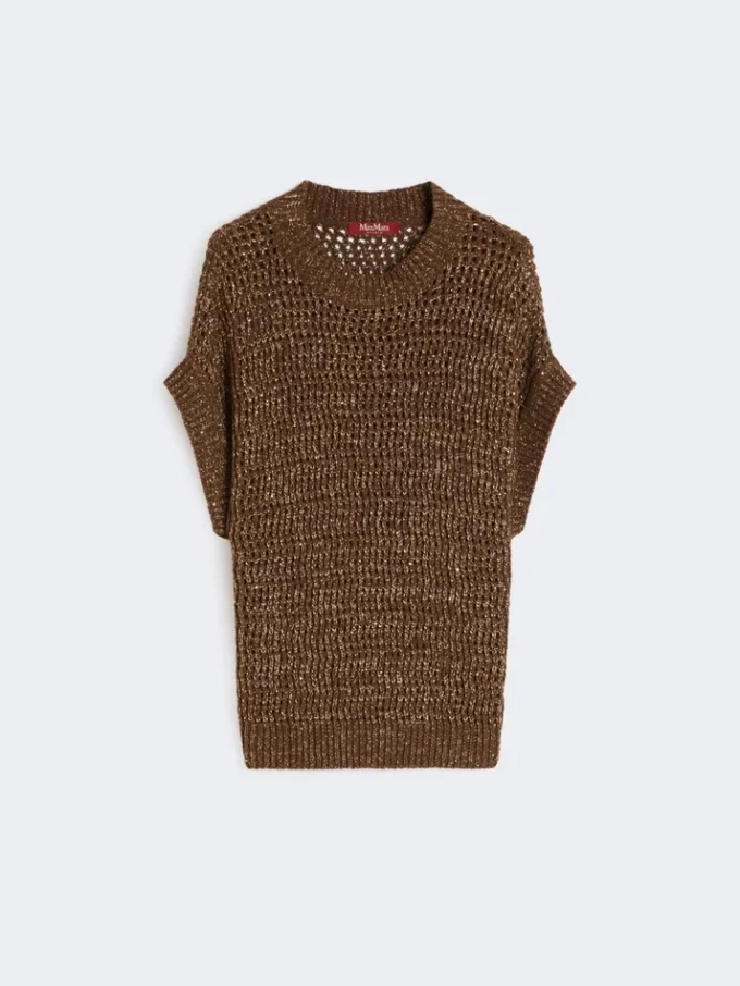 Pull en coton à mailles ajourées orné de paillettes, couleur noisette Pull en coton à mailles ajourées orné de paillettes, couleur noisette