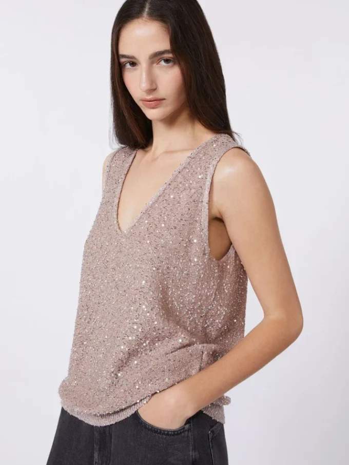 Pull sans manches à paillettes, rose antique