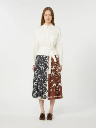 Robe chemise en coton imprimé et sergé, blanche