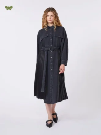 Robe chemise en denim et satin, noire