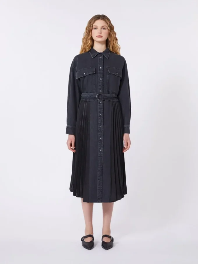 Robe chemise en denim et satin, noire Robe chemise en denim et satin, noire