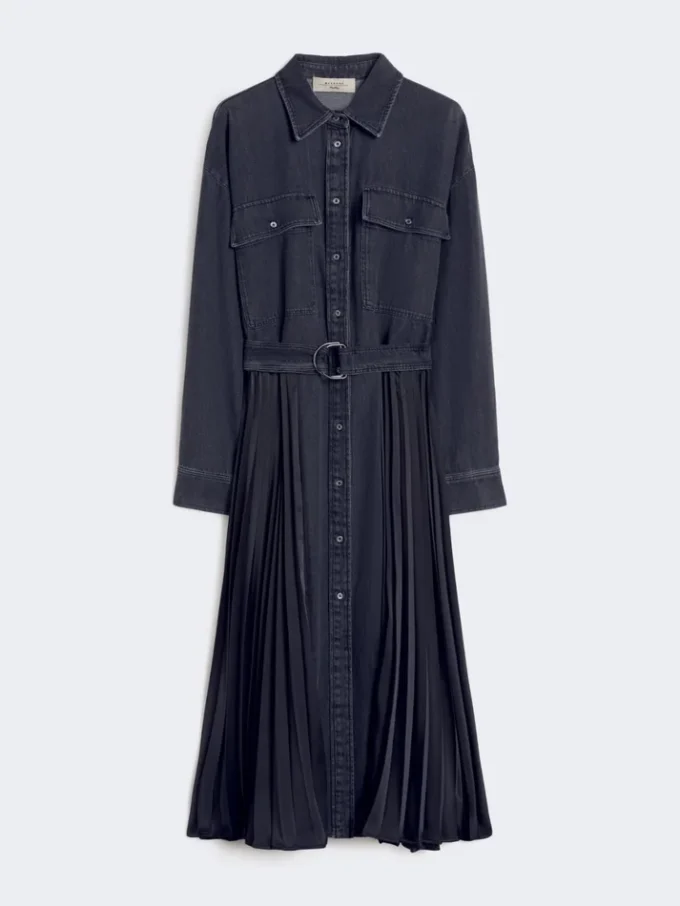 Robe chemise en denim et satin, noire Robe chemise en denim et satin, noire
