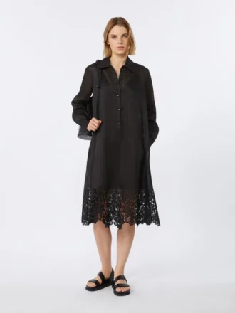 Robe chemise en gaze de ramie brodée, noire