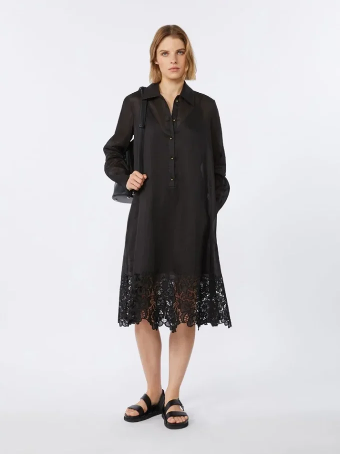 Robe chemise en gaze de ramie brodée, noire