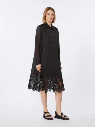 Robe chemise en gaze de ramie brodée, noire