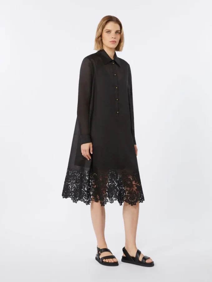 Robe chemise en gaze de ramie brodée, noire