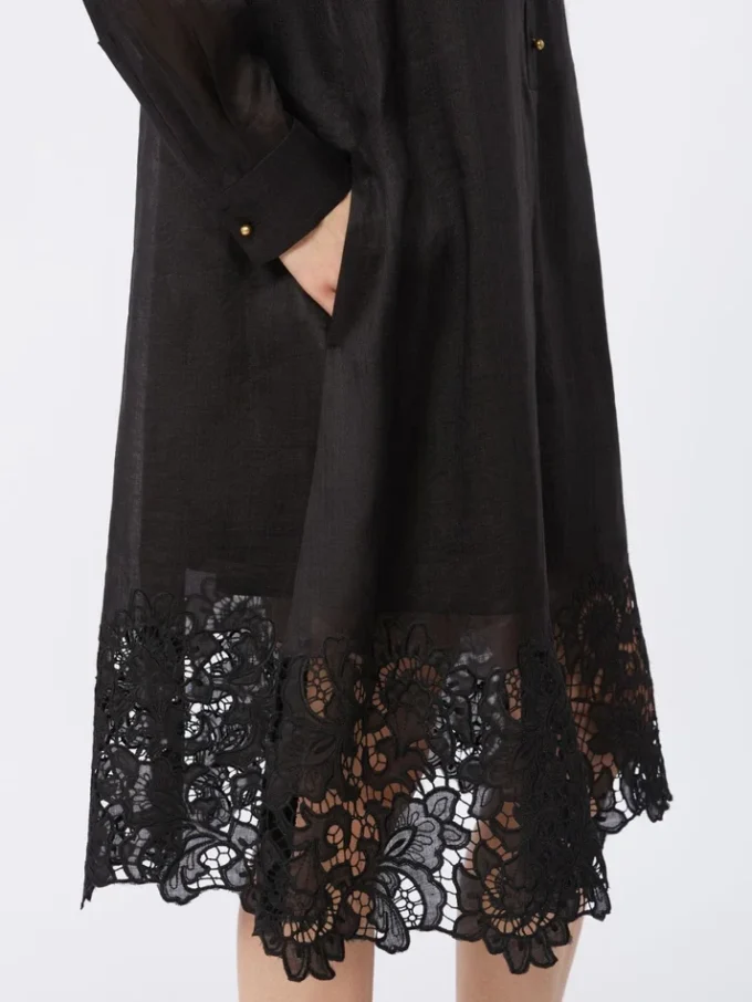 Robe chemise en gaze de ramie brodée, noire