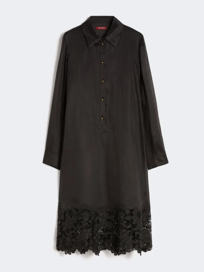 Robe chemise en gaze de ramie brodée, noire