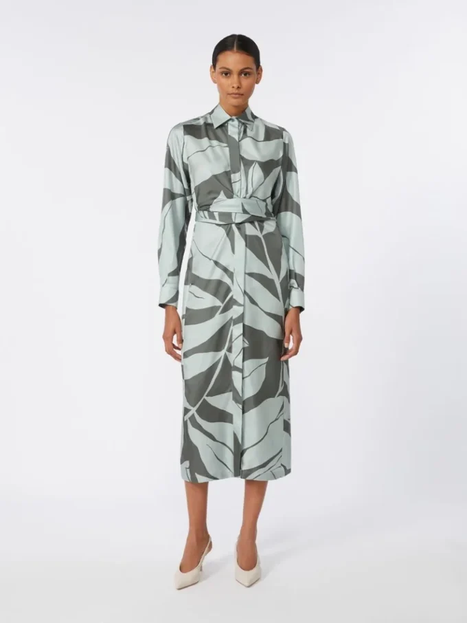 Robe chemise en soie imprimée, verte Robe chemise en soie imprimée, verte