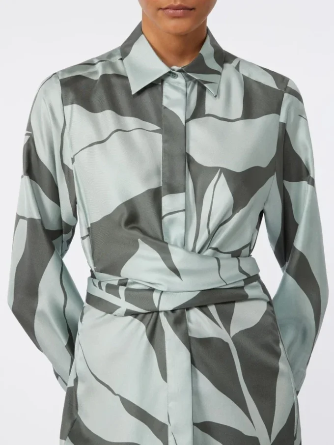 Robe chemise en soie imprimée, verte Robe chemise en soie imprimée, verte