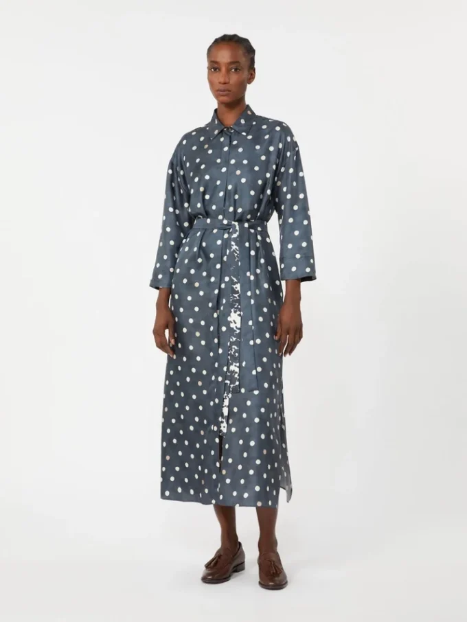 Robe en twill de soie imprimé, bleu outremer