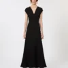 Robe longue à col en V en canneta, noire