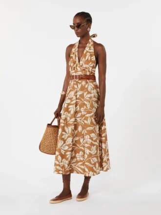 Robe longue en popeline imprimée, couleur caramel