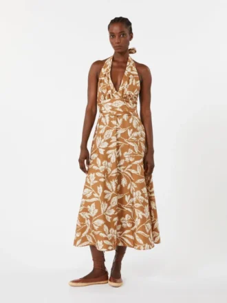 Robe longue en popeline imprimée, couleur caramel