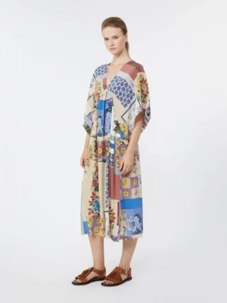 Robe midi en crêpe de Chine de soie imprimé, multicolore