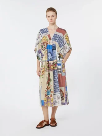 Robe midi en crêpe de Chine de soie imprimé, multicolore