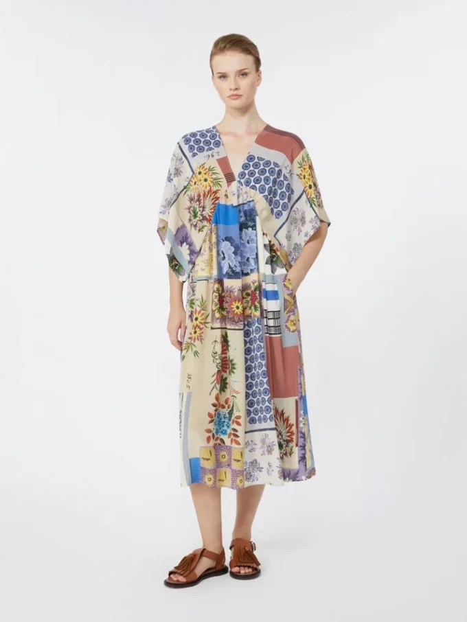 Robe midi en crêpe de Chine de soie imprimé, multicolore