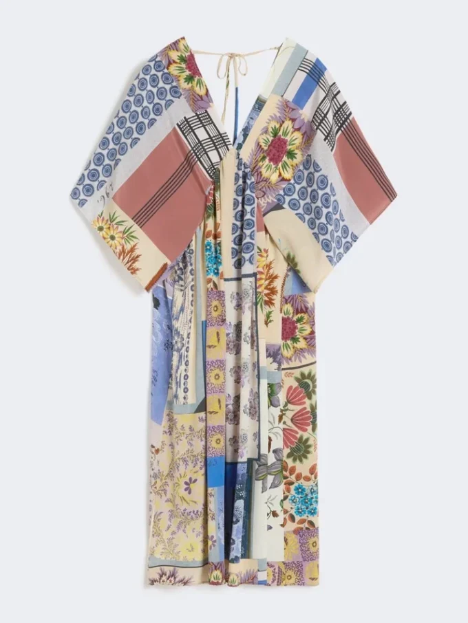 Robe midi en crêpe de Chine de soie imprimé, multicolore