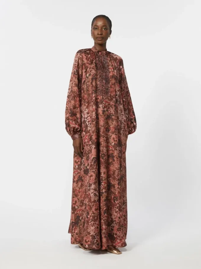 Robe évasée en soie imprimée, bordeaux Robe évasée en soie imprimée, bordeaux