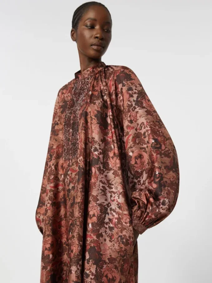 Robe évasée en soie imprimée, bordeaux Robe évasée en soie imprimée, bordeaux
