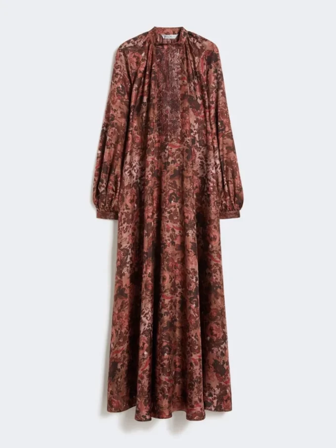 Robe évasée en soie imprimée, bordeaux Robe évasée en soie imprimée, bordeaux