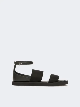 Sandales plates en cuir et sangles élastiques, noires