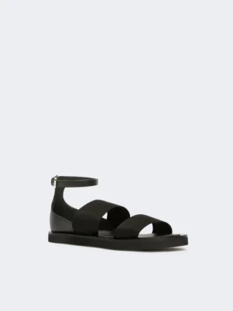 Sandales plates en cuir et sangles élastiques, noires