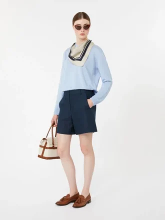 Short en lin tissé natté, bleu nuit