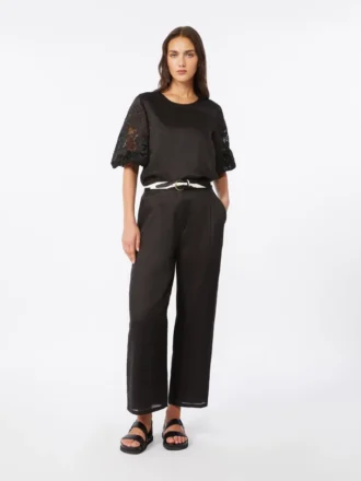 T-shirt en gaze de ramie et broderie anglaise, noir