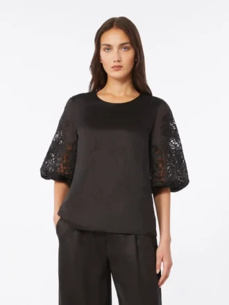 T-shirt en gaze de ramie et broderie anglaise, noir
