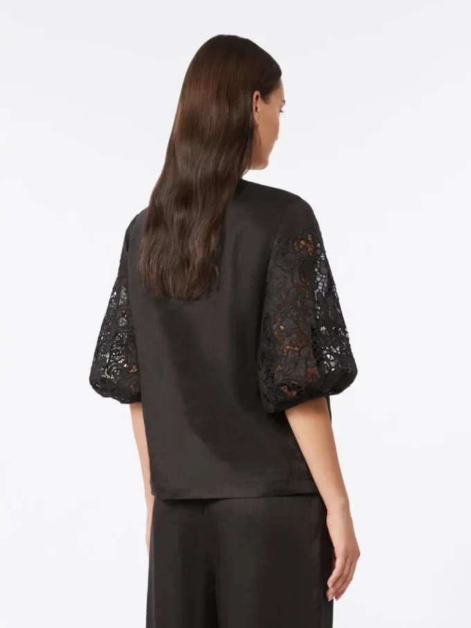 T-shirt en gaze de ramie et broderie anglaise, noir T-shirt en gaze de ramie et broderie anglaise, noir