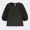 T-shirt en gaze de ramie et broderie anglaise, noir T-shirt en gaze de ramie et broderie anglaise, noir