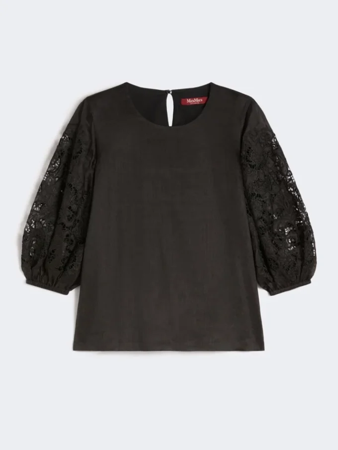T-shirt en gaze de ramie et broderie anglaise, noir T-shirt en gaze de ramie et broderie anglaise, noir