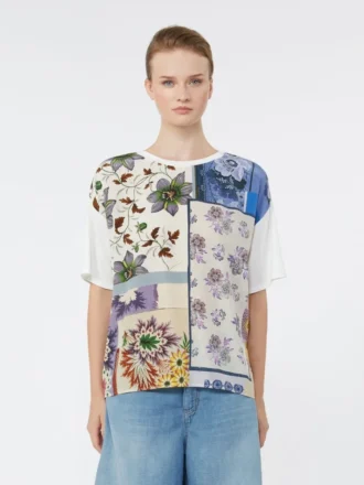 T-shirt en jersey de coton stretch et soie imprimée, multicolore