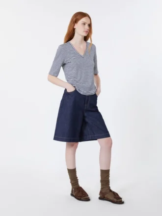 T-shirt en jersey de lin stretch à col en V, bleu outremer