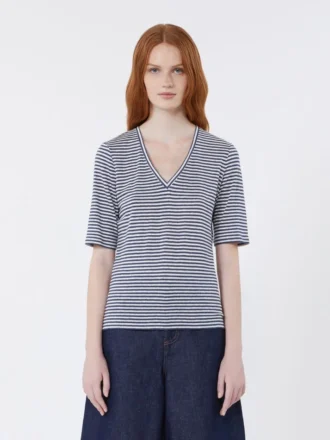 T-shirt en jersey de lin stretch à col en V, bleu outremer