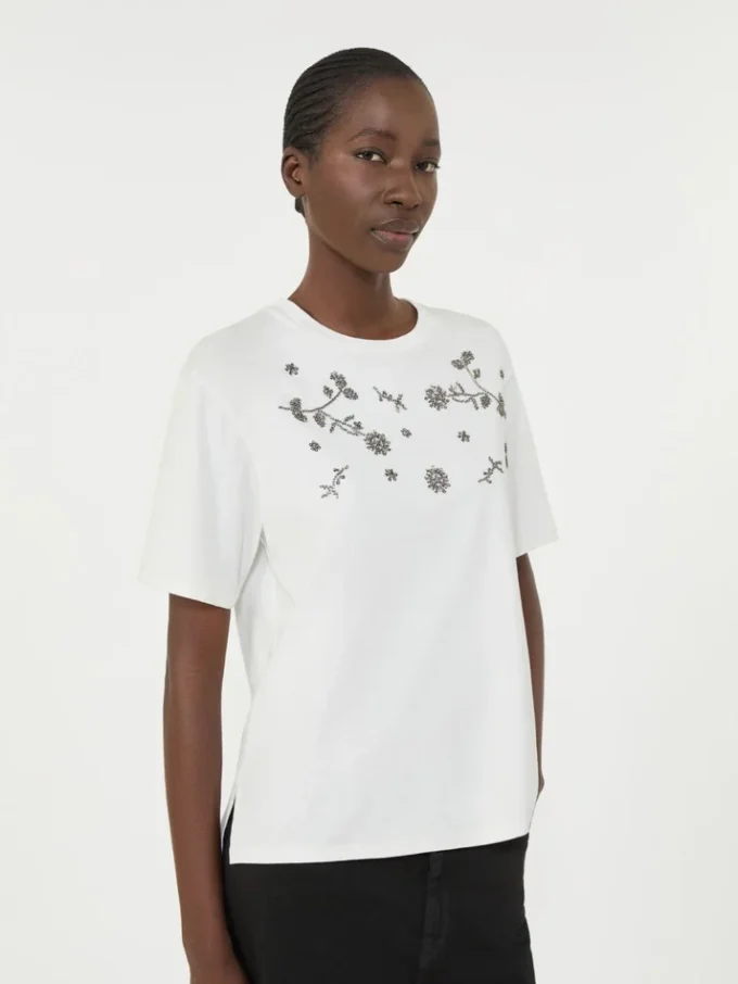 T-shirt en jersey orné d&rsquo;imprimés et de broderies, blanc