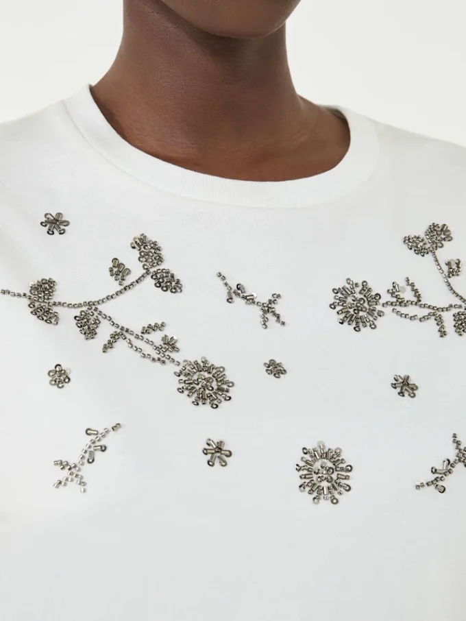 T-shirt en jersey orné d&rsquo;imprimés et de broderies, blanc